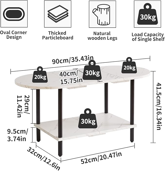 2 Tier Coffee Table with Open Storage Shelf, Oval Wood Tea Table 17 inch high, Small Table for Small Space Apartment White Faux Marble + Black YD-011M