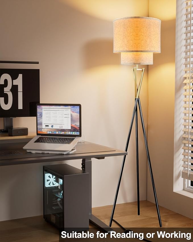 Lightdot Glod &Black Tripod Floor Lamp, Modern Floor Lamps for Living Room, Standing Lamp with Double Linen Shade, E26 Bulb Included, 67.7" Tall Floor Lamp for Bedroom, Home Office