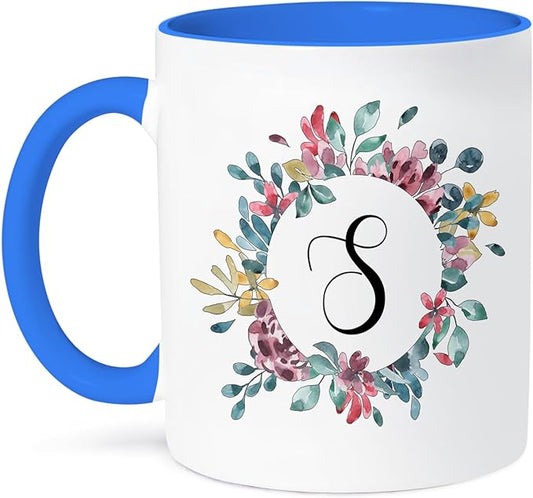 3dRose mug_274057_6 "Pretty Watercolor Floral Circle Frame With A Monogram Initial S, Blue" Mug, 11 oz