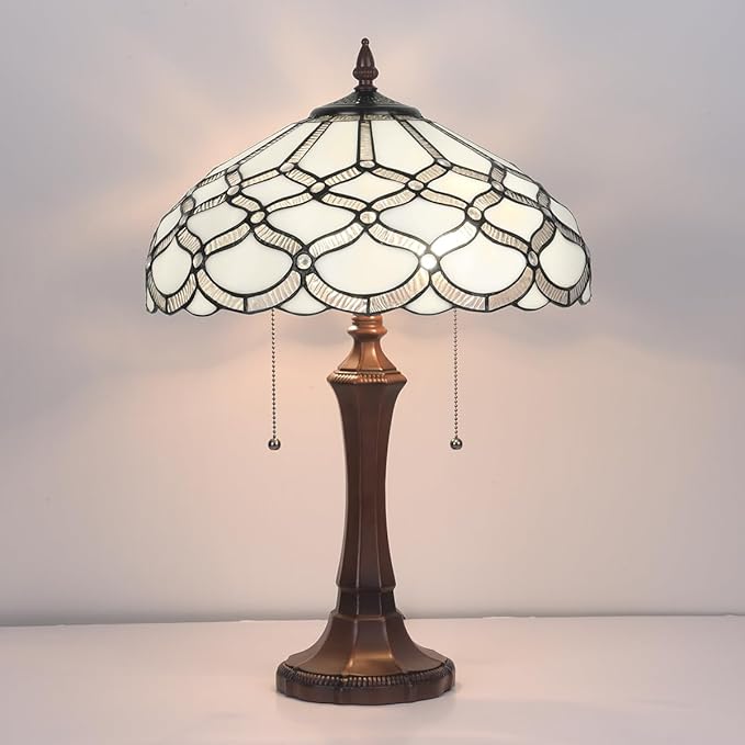 Tiffany Table Lamp,Antique Style Stained Glass Table Light,16 inch Large White Beside Desk Lamp for Living Room Bedroom Office,2-Lights