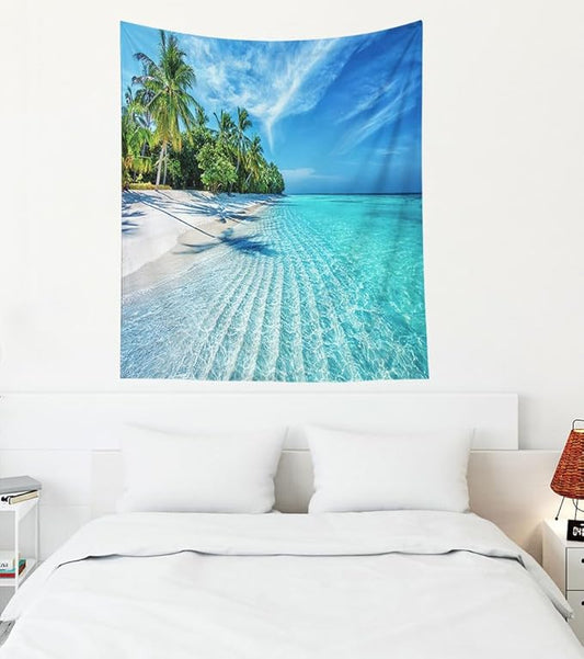 EMMTEEY Beach Tapestry Home Decor Wall Art Vertical 50X60 Inch-Summer Calm Sea Waves with Palm Trees Durable Hanging Tapestry for Bedroom