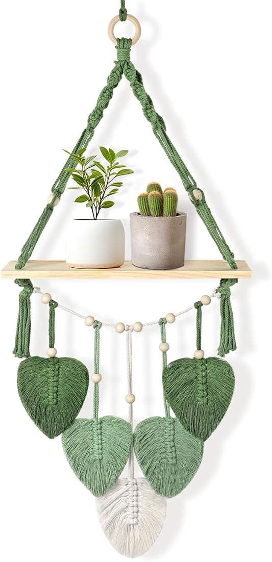Macrame Wall Hanging Shelf Wood Floating Storage Shelf Boho Woven Leaf Wall Decor Plant Hanger for Photo Display Bedroom Living Room Nursery Decor
