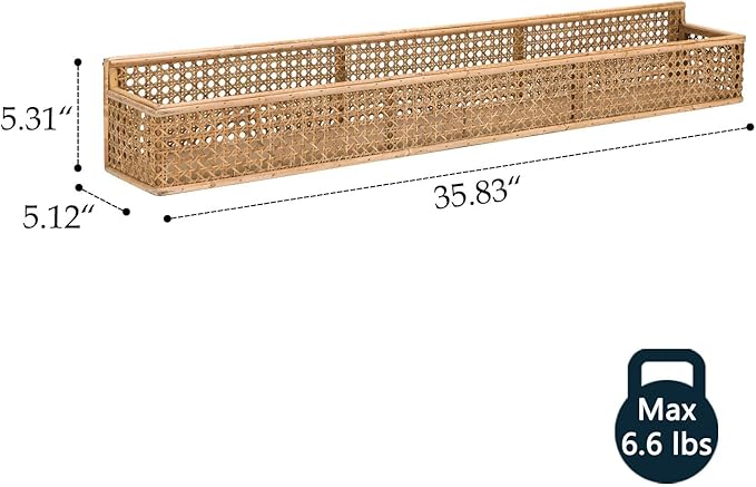 Boho Long Rattan Wall Shelf Farmhouse Woven Wall Mounted Shelf Basket Organizer Storage Rustic Floating Hanging Wall Shelf for Livingroom Home Decor