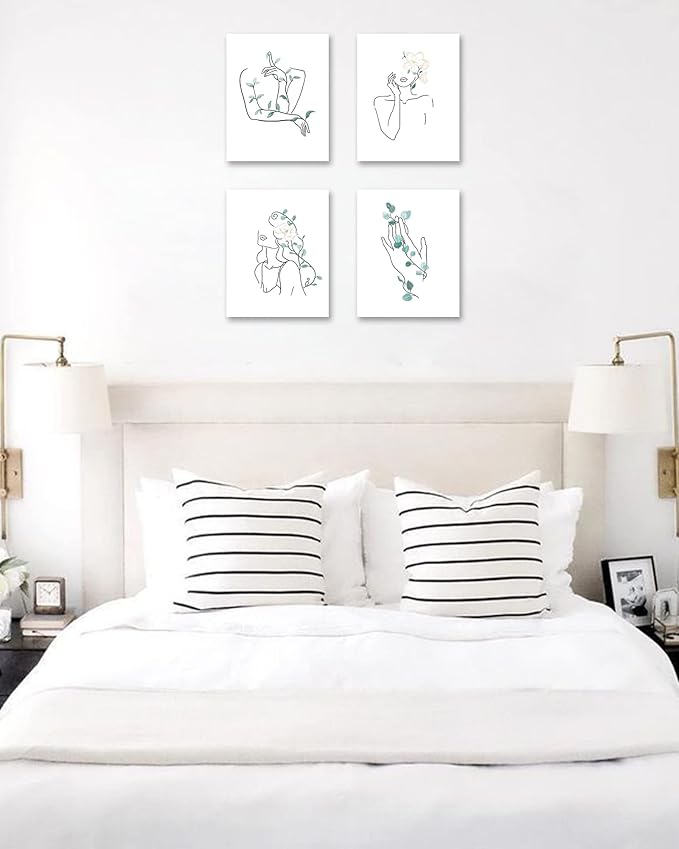 Botanical Framed Wall Art Decor for Women,Boho Wall Art for Living Room,Minimalist Wall Art Decor for Office,Modern Abstract Room Decor for Bedroom,Line Art Wall Decor,Set of 4,8x10 inches (20x25 cm)