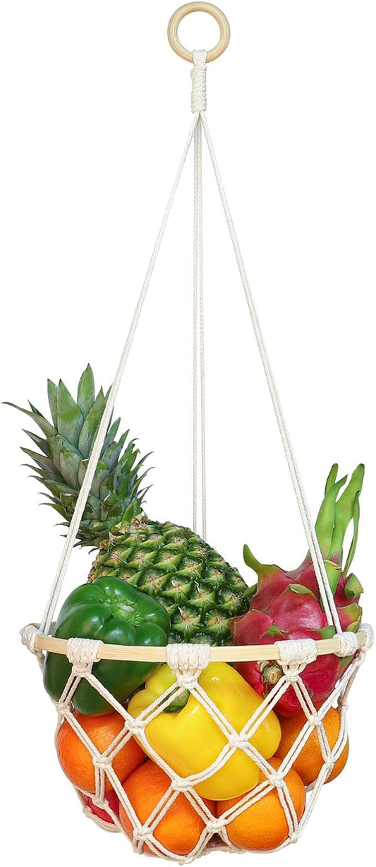 Single Tier Macrame Hanging Fruit Basket, Boho Vegetable Holder for Kitchen Food Storage with Hook, Bohemian Cotton Produce Organizer, Plant Hanger Decor for Home Bathroom Bedroom Women Christmas Gift