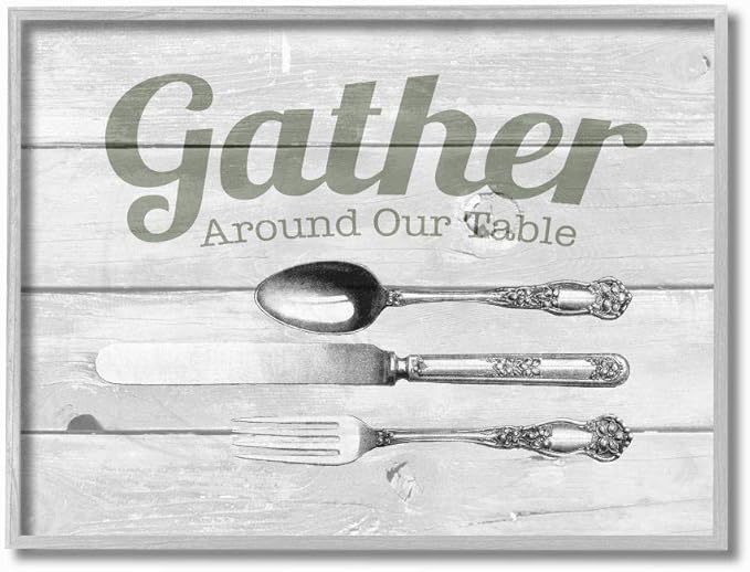 Stupell Industries Gather Silverware Kitchen Wood Texture Word, Design by The Saturday Evening Post Wall Art, 16 x 20, Grey Framed