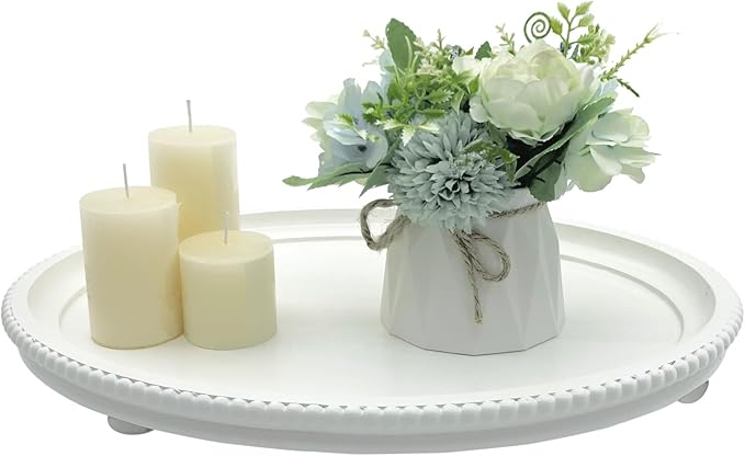 Oval Wood Decorative Tray, Small Beaded Tray for Dresser Coffee Table Kitchen Corner Dinning Table, Modern Round Wooden Tray for Centerpiece (White, 15.8''X11.8'')