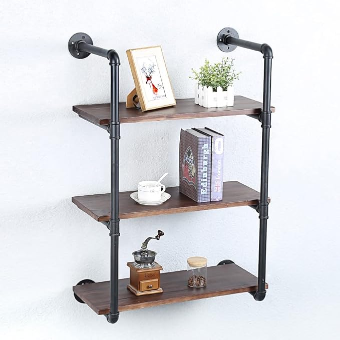 Industrial Pipe Shelving Wall Mounted,24in Rustic Metal Floating Shelves,Steampunk Real Wood Book Shelves,Wall Shelf Unit Bookshelf Hanging Wall Shelves,Farmhouse Kitchen Bar Shelving(3 Tier)