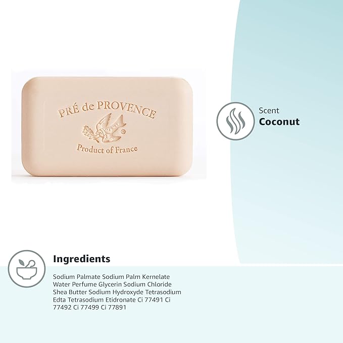 Pre de Provence Artisanal Soap Bar, Natural French Skincare, Enriched with Organic Shea Butter, Quad Milled for Rich, Smooth & Moisturizing Lather, Coconut, 5.3 Ounce