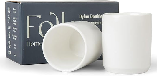 Folk Ceramics Dylan Ceramic Cappuccino Cups Set | Double Walled Ceramic Coffee Mug Set | Compact & Heat Insulated Cappuccino, Tea, Coffee & Latte Cup | 8oz, Set of 2 | Whisper White