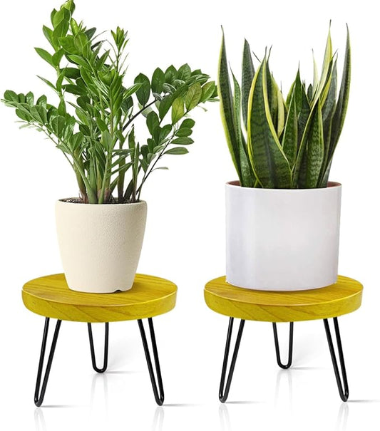 OBTAIN Plant Stand Indoor Outdoor, Wooden plant Stool, Mid Century Plant Stand for Indoor Plants, Wood Modern Plant Holder Rattan Flower, Low Short Boho Rustic Planter Stand Fit 5-15 Inch Pot(M, L)