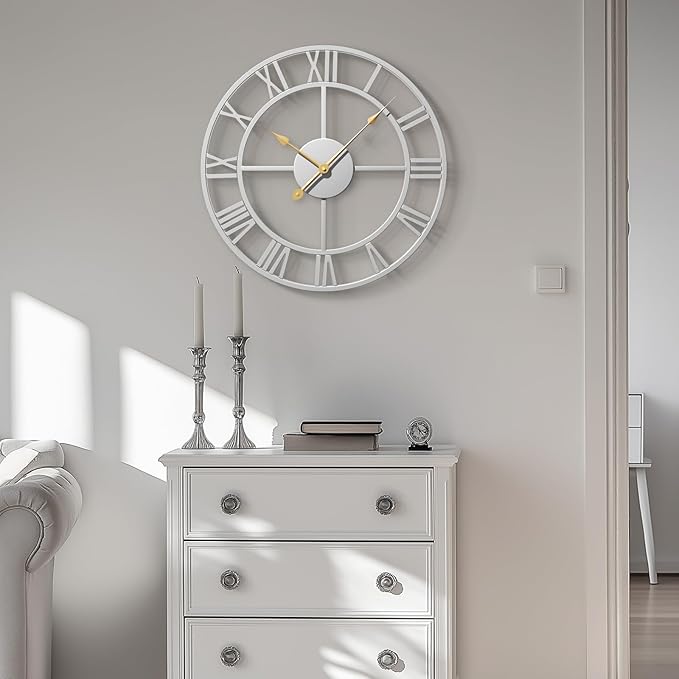 Modern Large Wall Clock, 16 inch Silver Decorative Metal Clock Silent Non Ticking, Roman Numeral Analog Battery-Operated Round Clock for Living Room, Kitchen, Bedroom, Office, Home Decor