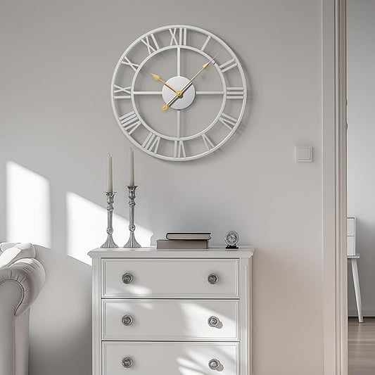 Modern Large Wall Clock, 16 inch Silver Decorative Metal Clock Silent Non Ticking, Roman Numeral Analog Battery-Operated Round Clock for Living Room, Kitchen, Bedroom, Office, Home Decor