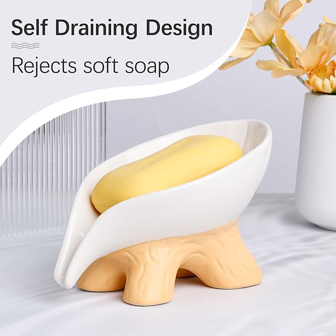 Soap Dish, Soap Holder Self Draining Leaf Shape Soap Dishes, Ceramic Draining Soap Dish for Bathroom Shower, White Farmhouse Soap Holder with Stump, ANTIS'S HOME
