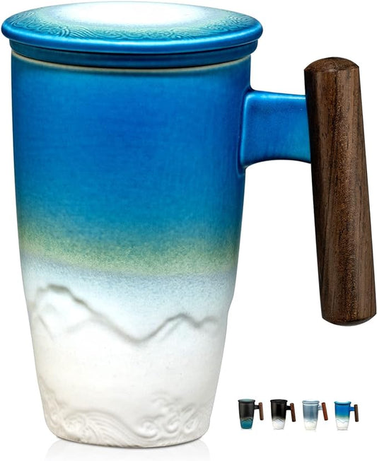 suyika Tomotime Ceramic Tea Cup with Infuser and Lid Tea Mugs Wooden Handle 400ml/13.5oz (Cyan blue)