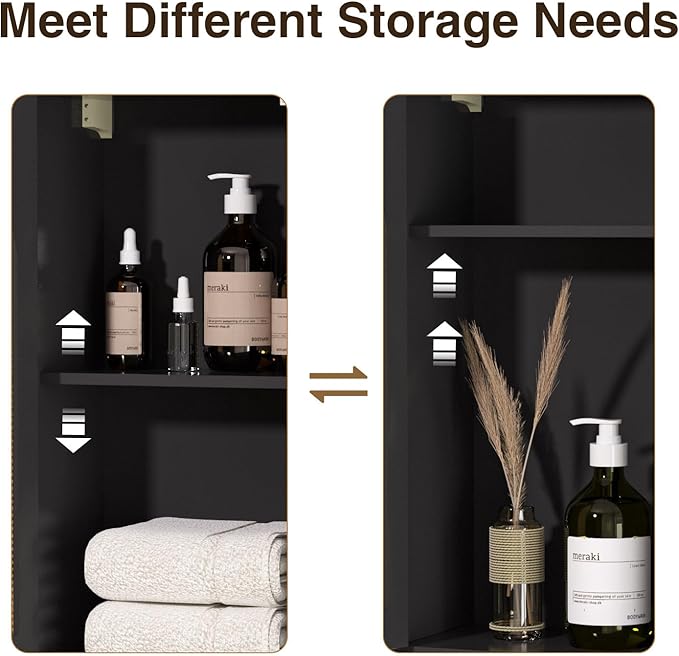 Rattan Bathroom Wall Cabinet, Boho Medicine Wall Cabinet with Double Doors and Adjustable Shelves, Tall Kitchen Wall Mounted Storage Cabinet, Floating Space Saver Over Toilet, Black