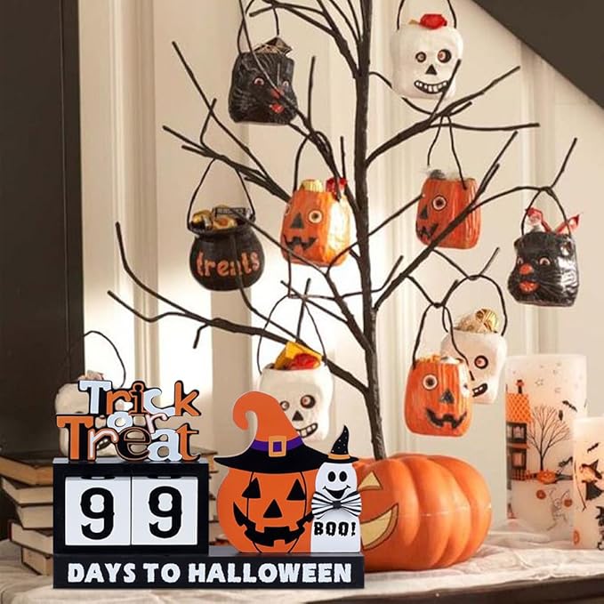 DECSPAS Halloween Decorations Indoor, Large Size Wood Block Set with Pumpkin Cat Halloween Countdown Decor, Trick or Treat Table Centerpiece for The Home, Mantle, Party Decorations