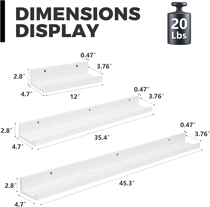 Muzilife 45.3" Large Floating Wall Ledge Shelves with Lip - Set of 2 Wood Floating Shelves - White Wall Mounted Picture Ledge for Office, Bathroom, Bedroom, Living Room, Kitchen