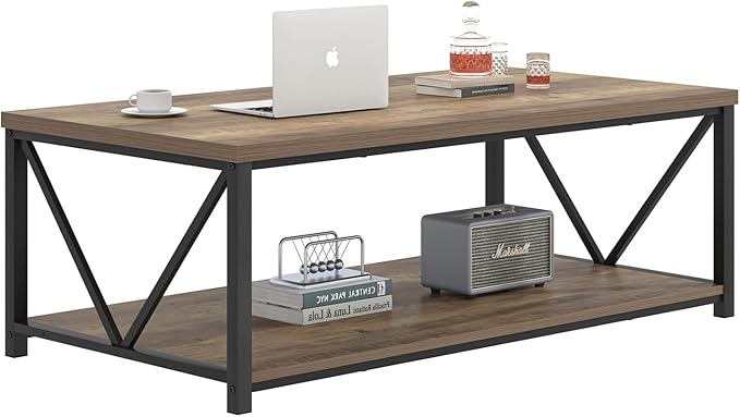 FOLUBAN Modern Coffee Table, Living Room Center Table with Storage, Wood and Metal Cocktail Table, Rustic Oak, 47 Inch