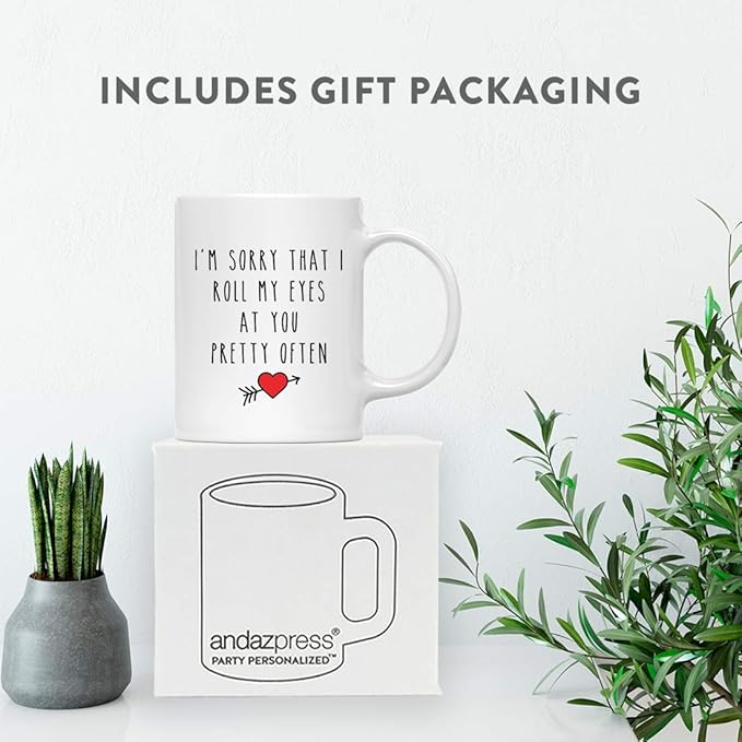 Andaz Press Valentine’s Day Funny 11oz. His Her Couples Coffee Mug Gift, I'm Sorry That I Roll My Eyes At You Pretty Often, Heart Graphic, 1-Pack, Gift Box