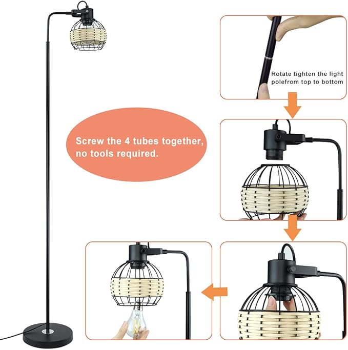 DLLT LED Floor Lamp, Adjustable Head Standing Lamp with Heavy Metal Based, Farmhouse Tall Rattan Floor Lamps Reading Lighting for Living Room, Bedroom, Study Room, Office, 8W 3000K E26 Bulb Included