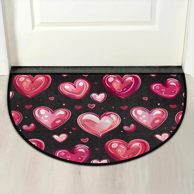 Half Round Black Door Mat Non Slip Bath Mats Love Heart Front Porch Rugs Cute Shower Mat for Living Room Bedroom Kitchen Bathroom Home Decor Gifts