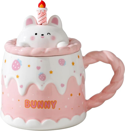 Adorable Cake Ceramic Coffee Mug - Elegant Birthday Gift for Women and Girl, Cute Rabbit Cup with Sweet Design, Perfect Present for Her Daily Tea & Coffee(Model B)