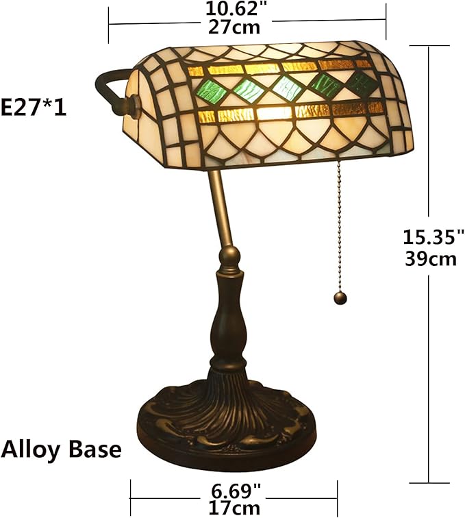 Tiffany Style Bankers Table Lamp Stained Glass Piano Desk Lamp Vintage Bedroom Bedside Lamp for Study,Antique Alloy Base,Zipper Switch,Green e