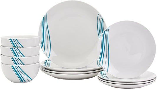 Tabletops Gallery 12-Piece White with Teal Striped Ceramic Dinnerware Set of Kitchen Dishes, Round Dinner Salad Plates Cereal Bowls, Service for 4, Marina