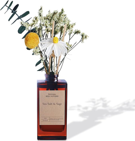 Reed Diffuser Set - Sea Salt & Sage Essential Oil, 5.07oz/150ml Seaweed Aroma Oils Scents with Dry Flower Decoration, Fragrance for Home Large Room Bathroom Office Shelf Decor