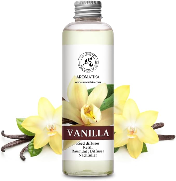 Vanilla Diffuser Refill w/Natural Essential Vanilla Oil 6.8 Fl Oz - Intensive - Fresh & Long Lasting Fragrance - Reed Diffuser Oil Refill Vanilla - for Aromatherapy - SPA - Home - Office - Fitness