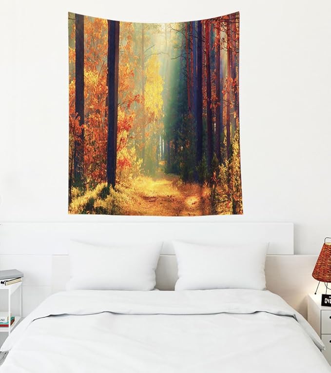 EMMTEEY Fall Forest Tapestry Sunlight in Fall Forest Path Autumn Landscape Aesthetic Tapestry 60X50 Bed Tapestry