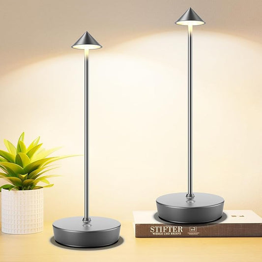Set of 2 Rechargeable Cordless Table Lamp,6000mAh LED Battery Operated Desk Lamp Touch 3 Color Dimming Portable Outdoor Waterproof Table Light for Patio/Restaurant/Dining/Home (Grey)