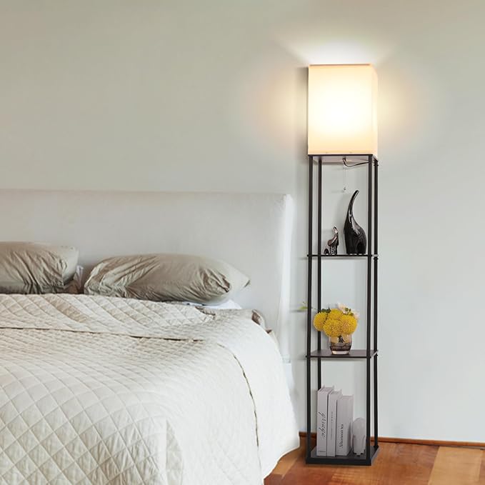 Floor Lamp with Shelves, with Modern Square Standing Lamp with Smart APP Control RGB Bulb, Corner Display Bookshelf Lamp for Living Room, Bedroom and Office (black-9RGB)