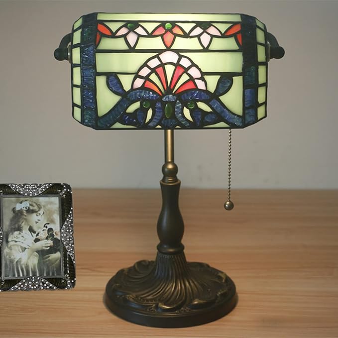 Tiffany Style Bankers Table Lamp Stained Glass Piano Desk Lamp Vintage Bedroom Bedside Lamp for Study,Antique Alloy Base,Zipper Switch,Green Baroque b