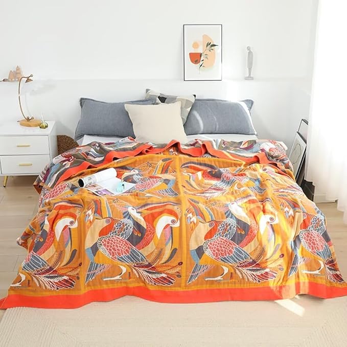 Boho Throw Blankets for Bed Home Decor, 100% Cotton Soft Cozy Boho Quilts Blankets 80"x90", Yellow Bird Lightweight Farmhouse Blanketsfor Armchair,Soaft,Couch,Picnic