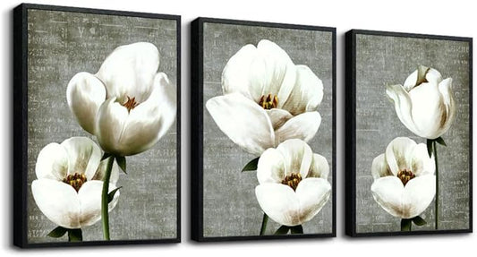 TTHYUEWS Black Framed Wall Art For Living Room Wall Decor For Bedroom Kitchen Decor Gray Green Vintage Style White Flowers Wall Painting Abstract Pictures Prints Artwork Modern Room Decor 3 Panels