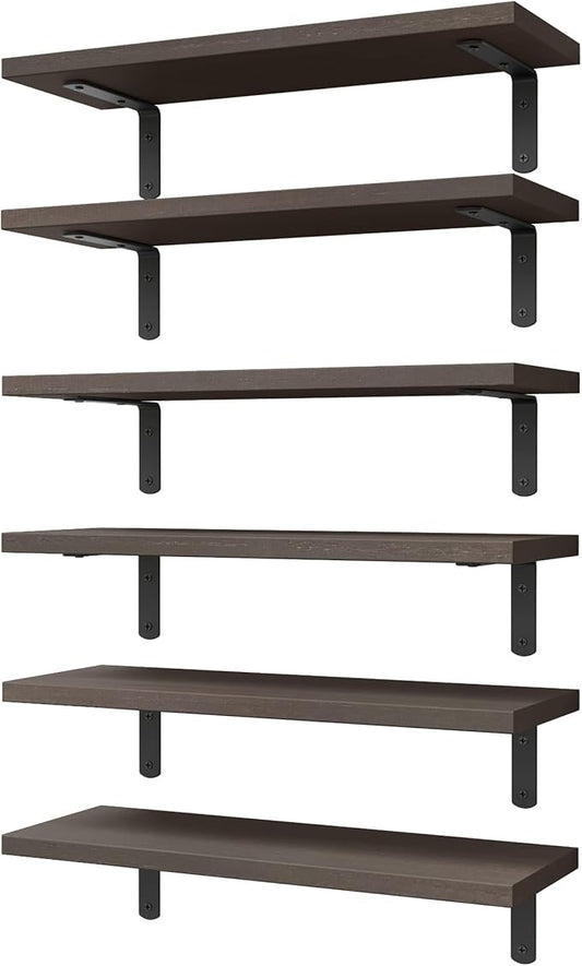WOPITUES Floating Shelves Set of 6, Wood Wall Mounted, Rustic Farmhouse Shelf for Decor, Bathroom, Book Shelves for Living Room - Dark Brown, HM011A