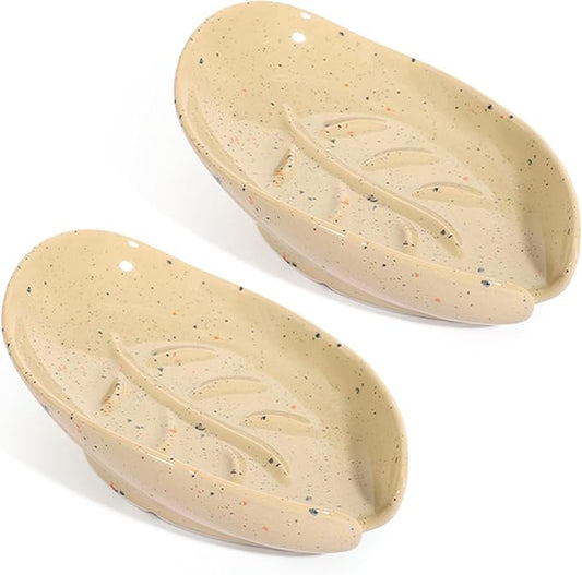 Soap Holder, Self Draining Soap Dishes 2PCS, Leaf Shape Ceramic Bar Soap Holder Drain Soap Dishes for Bathroom Sink Shower Kitchen, Easy to Clean Keeps Soap Dry, ANTIS'S HOME