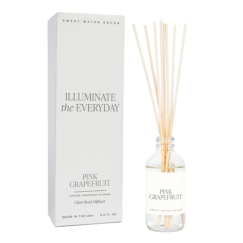 Sweet Water Decor Pink Grapefruit Clear Reed Diffuser – Room Decor Aesthetic with Long-Lasting Premium Fragrance of Grapefruit, Orange, Strawberry, Jasmine & Cedar for 4 Months – Ideal for Home Décor