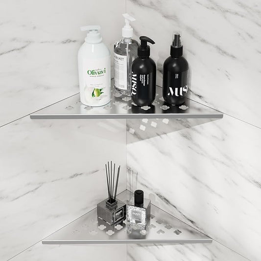 Shower Corner Shelf 2-Pack, 10" Slot Design Bathroom Shelves for Tiled Wall, 304 Stainless Steel Recessed Organizer Corner Shelves for Inside Shower Decor, Silver (Floral)