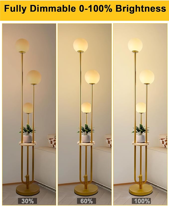 63IN Dimmable Floor Lamp with Shelf, Unique Globe Gold Tall Standing Lamps with 3 Poles, 3000K Warmwhite Mid Century Modern Floor Lamp for Living Room Home Office(Bulbs Included)