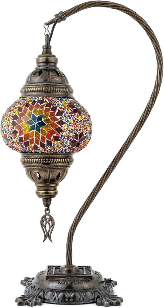 Kafthan Turkish Moroccan Mosaic Lamp – Handmade Glass Swan Neck Bedside Lamp with Antique Brass Base, Ideal Decor for Bedroom, Office, Living Room – Bulb Included (Multicolor Center Star)