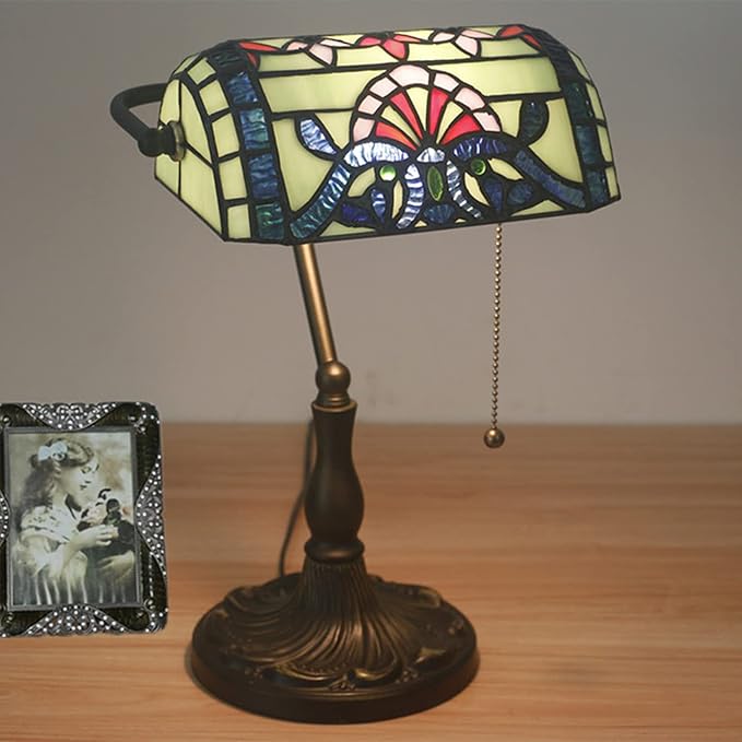Tiffany Style Bankers Table Lamp Stained Glass Piano Desk Lamp Vintage Bedroom Bedside Lamp for Study,Antique Alloy Base,Zipper Switch,Green Baroque b