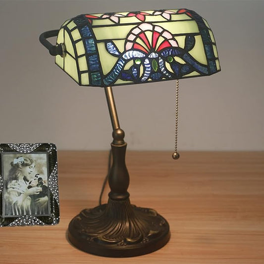 Tiffany Style Bankers Table Lamp Stained Glass Piano Desk Lamp Vintage Bedroom Bedside Lamp for Study,Antique Alloy Base,Zipper Switch,Green Baroque b