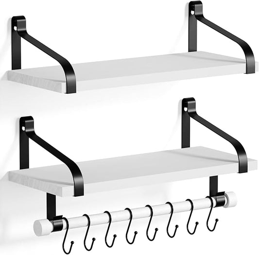 Love-KANKEI Floating Shelves for Coffee Bar,Bathroom Shelves with Wood Bar, Wall Shelves with 8 Hooks for Kitchen, 17.3 Inch Storage Shelves Set of 2 for Bedroom,Living Room，White