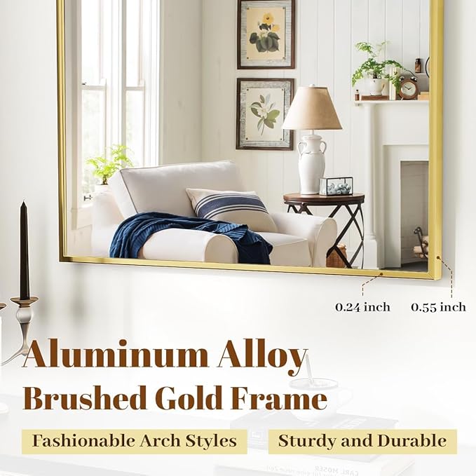Arched Wall Mirror, 32 x 48 inch Arch Bathroom Mirror, Wall Mounted Vanity Mirror with Arch Metal Frame, Modern Bathroom Vanity Mirror for Bedroom, Living Room, Hanging or Leaning, Gold