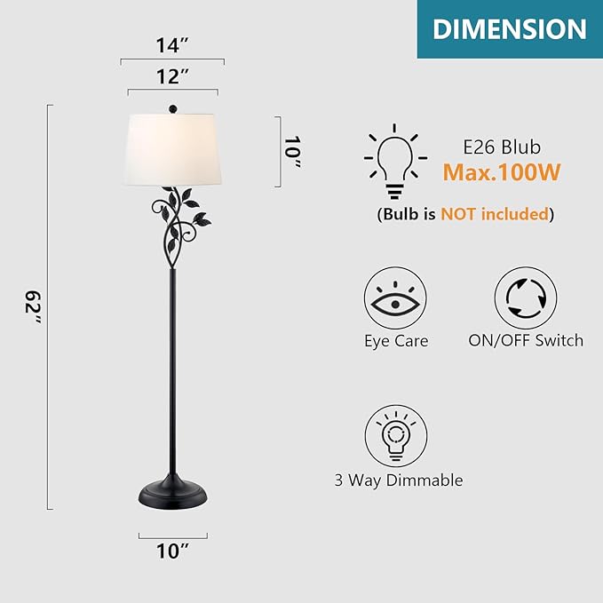 Maxax Traditional Floor Lamp, Reading Standing Light with White Fabric Shade, 100W 3-Way Dimmable Metal Leaf Floor Lamp for Living Room and Bedroom, Black