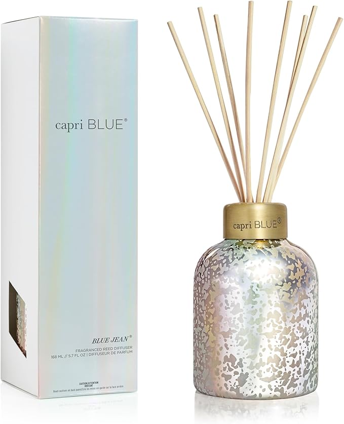 Capri Blue Reed Diffuser - Comes with Blue Jean Scented Diffuser Oil, Diffuser Sticks, and Mercury Iridescent Glass Bottle - Aromatherapy Diffuser (5.7 fl oz)