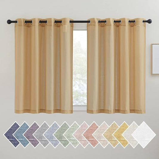 NICETOWN 45 inch Curtains Linen Sheer Textured, Grommet Semi Sheer Linen Curtains & Drapes Privacy with Light Filtering for Nursery/Kitchen, Desert Yellow, W52 x L45, 2 Panels